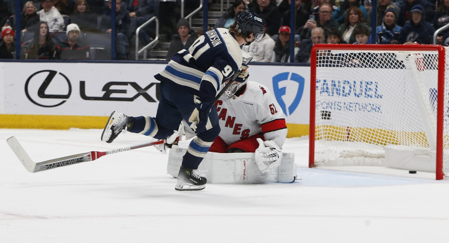 Kent Johnson scores a shootout goal against the Carolina Hurricanes