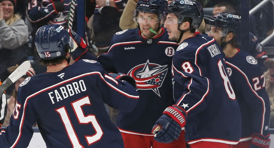 Columbus Blue Jackets left wing James van Riemsdyk (21) celebrates his goal against the Detroit Red Wings during the third period at Nationwide Arena.