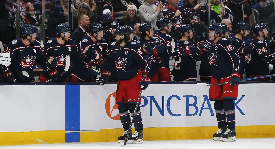 Columbus Blue Jackets right wing Kirill Marchenko (86) celebrates his goal against the Seattle Kraken during the third period at Nationwide Arena.