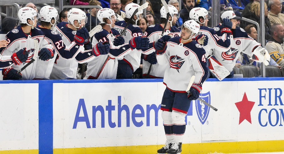 Columbus Blue Jackets center Cole Sillinger (4) is congratulated by teammates after scoring against the St. Louis Blues during the second period at Enterprise Center.