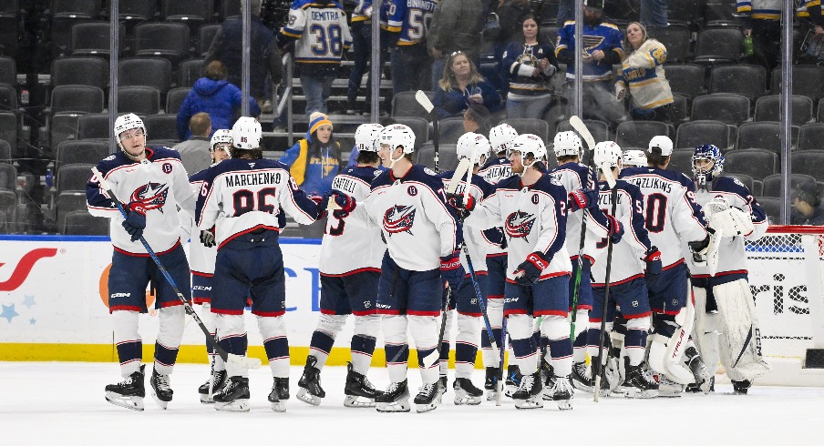 Columbus Blue Jackets celebrate after defeating the St. Louis Blues at Enterprise Center.