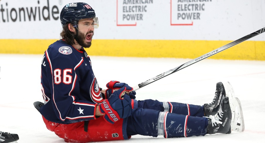 Columbus Blue Jackets right wing Kirill Marchenko (86) celebrates his game winning goal in overtime against the Los Angeles Kings at Nationwide Arena.