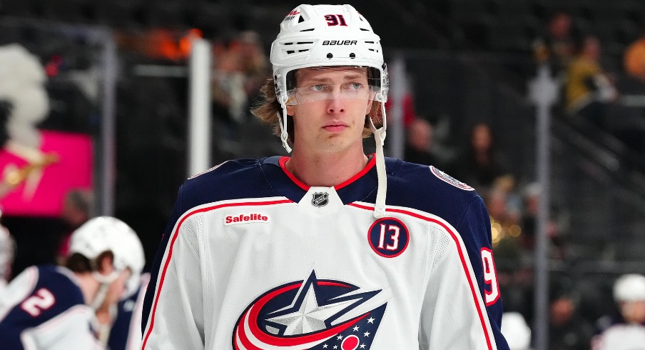 Columbus Blue Jackets center Kent Johnson (91) warms up before a game against the Vegas Golden Knights at T-Mobile Arena.