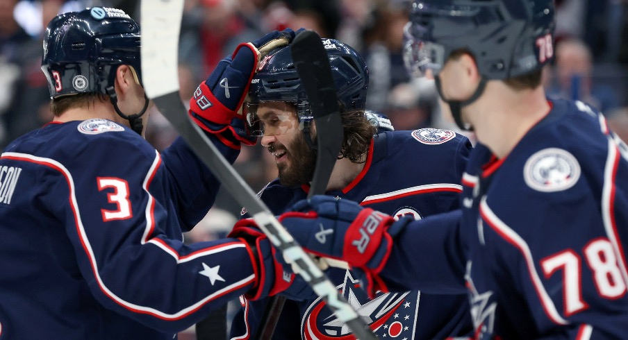 Columbus Blue Jackets right wing Kirill Marchenko (86) celebrates his game winning goal in overtime against the Los Angeles Kings at Nationwide Arena.