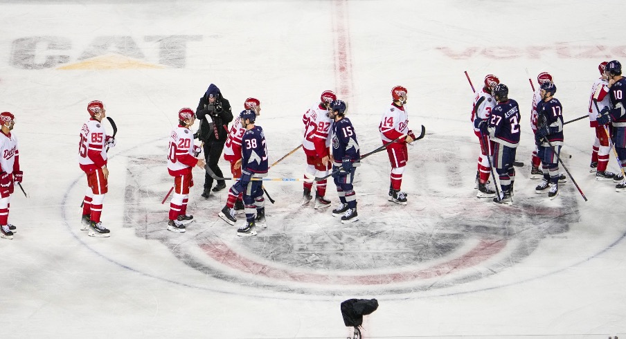 The Columbus Blue Jackets and the Detroit Red Wings shake hand after the Blue Jackets victory in the NHL Stadium Series game at the Ohio Stadium at Ohio Stadium.