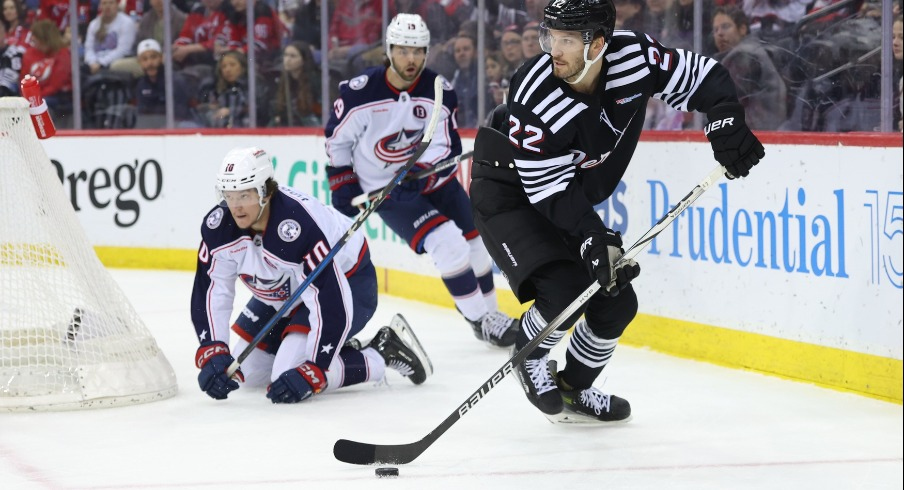 Mathieu Olivier's two-goal night wasn't enough, as the Columbus Blue Jackets fell behind 3-0 after the first and fall 5-3 to the New Jersey Devils on Tuesday night.