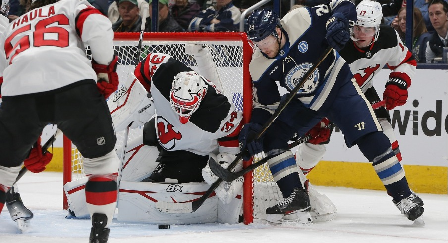 Mathieu Olivier scored to end a long CBJ scoring drought, but Columbus falls 2-1 to the New Jersey Devils on Monday night for their fourth consecutive loss.