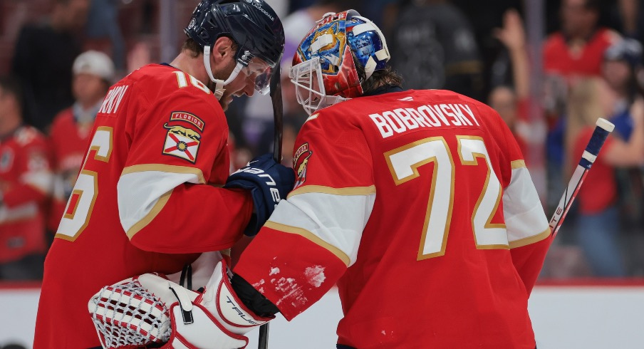 Florida Panthers center Aleksander Barkov (16) and goaltender Sergei Bobrovsky (72) celebrate after the game against the Tampa Bay Lightning at Amerant Bank Arena.